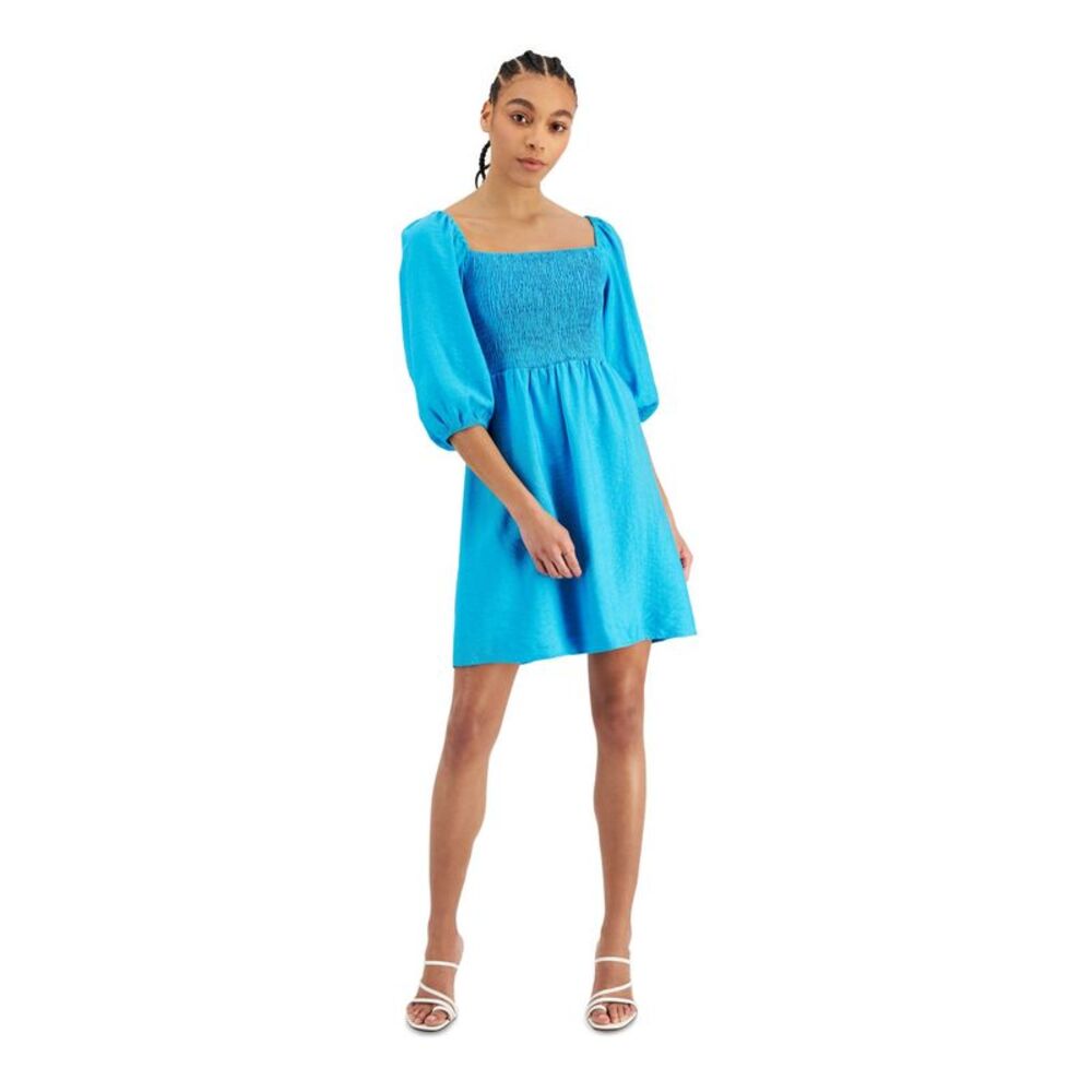 BAR III DRESSES Womens Blue Elastic Cuffs Pouf Sleeve Short Fit + Flare Dress XL